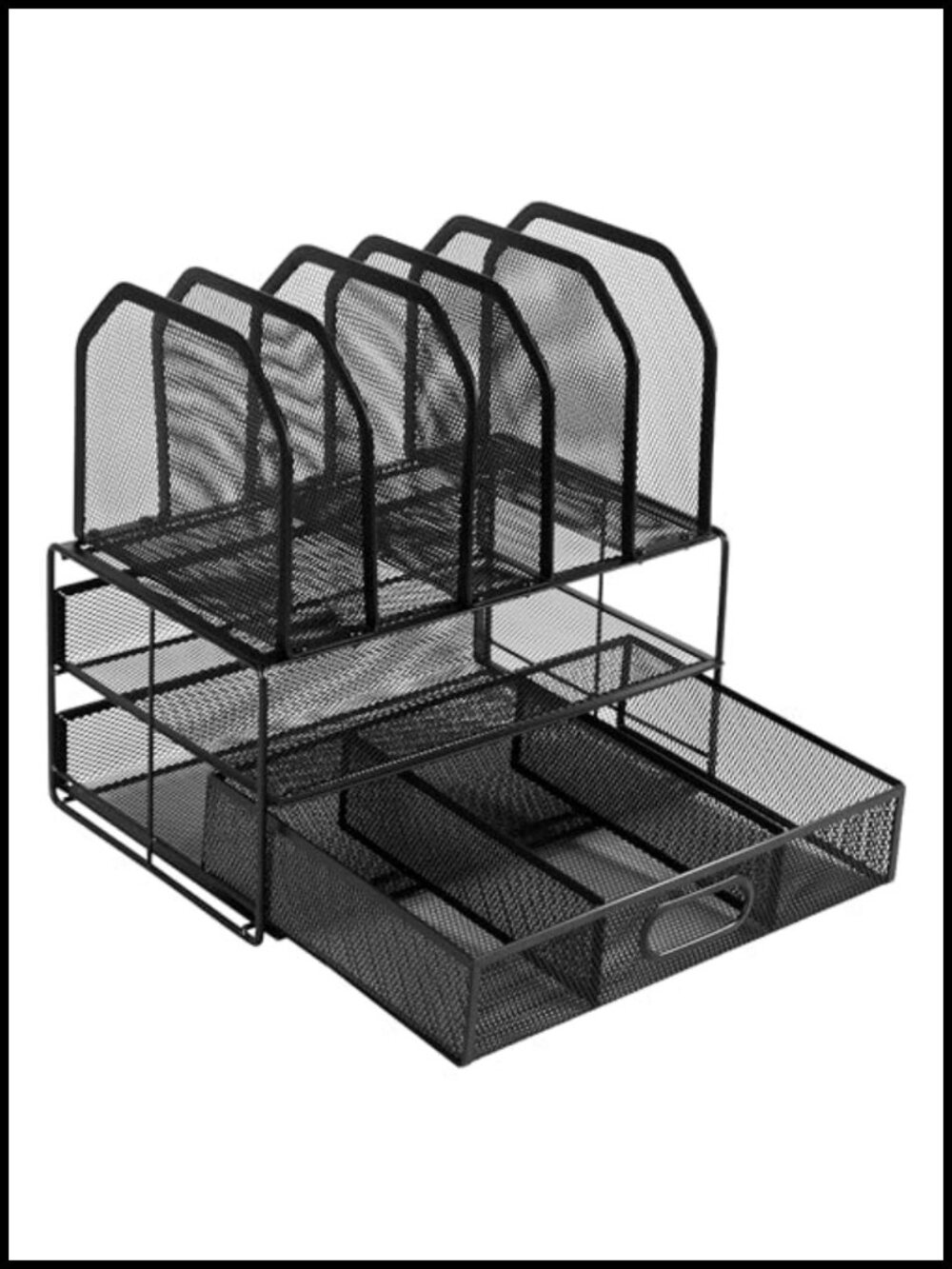 Mesh Desk Organizer with Drawer, Double Tray and 5 Upright Paper File Sections